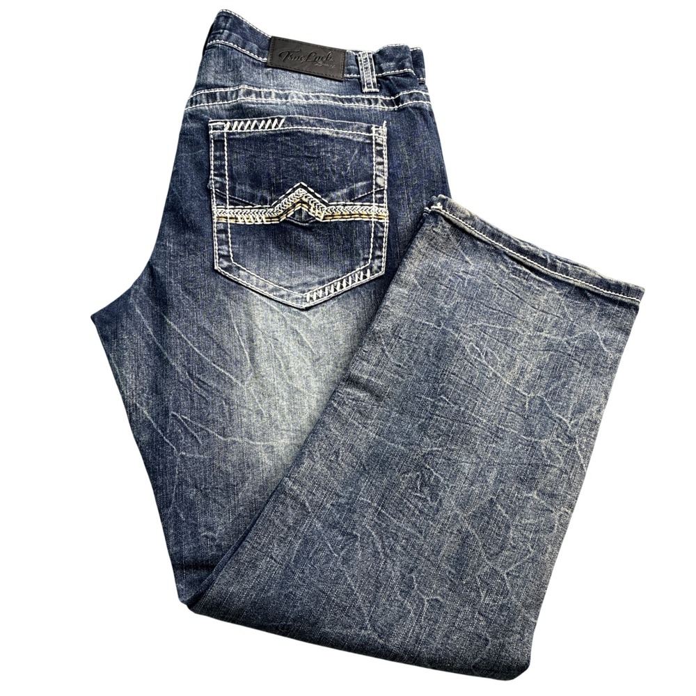 True Luck Men's Dark Wash Straight Leg Jeans White Stitching Accents‎ Size 36x29
